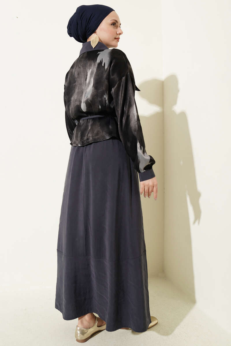 Satin Blouse and Skirt Set with Chest Pocket - Smoke Grey
