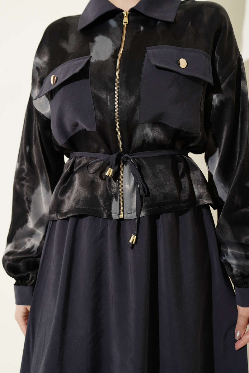 Satin Blouse and Skirt Set with Chest Pocket - Smoke Grey