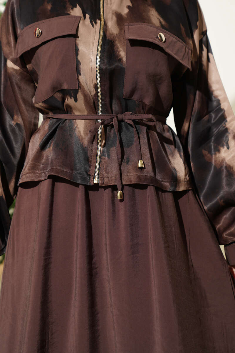 Satin Blouse and Skirt Set with Chest Pocket - Brown
