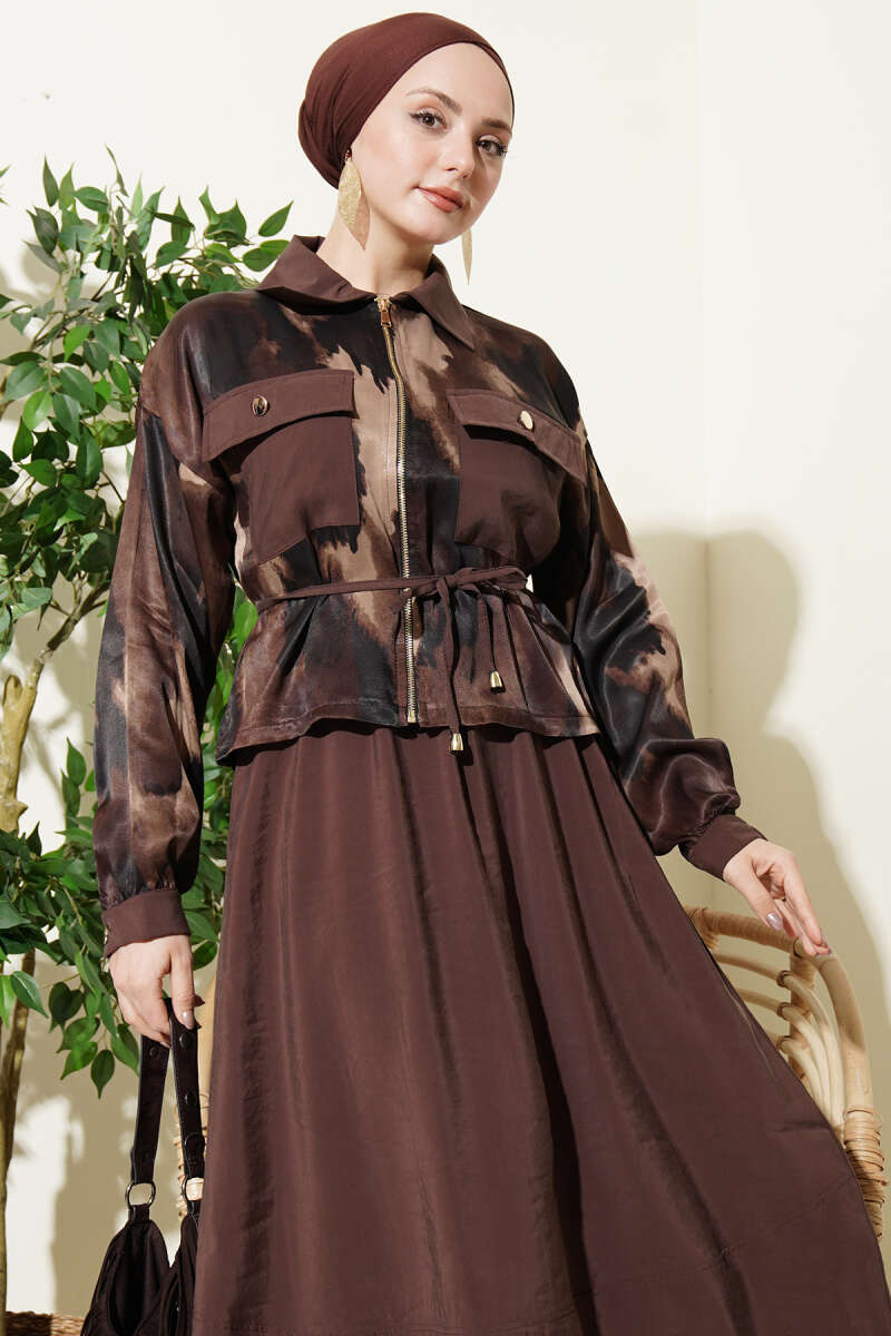 Satin Blouse and Skirt Set with Chest Pocket - Brown