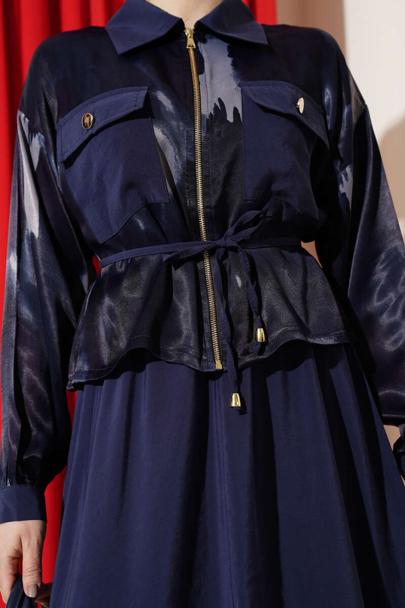Satin Blouse and Skirt Set with Chest Pocket - Navy