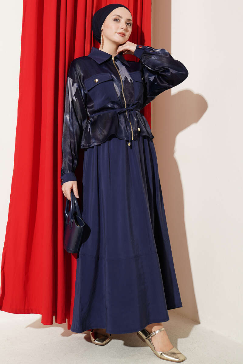 Satin Blouse and Skirt Set with Chest Pocket - Navy