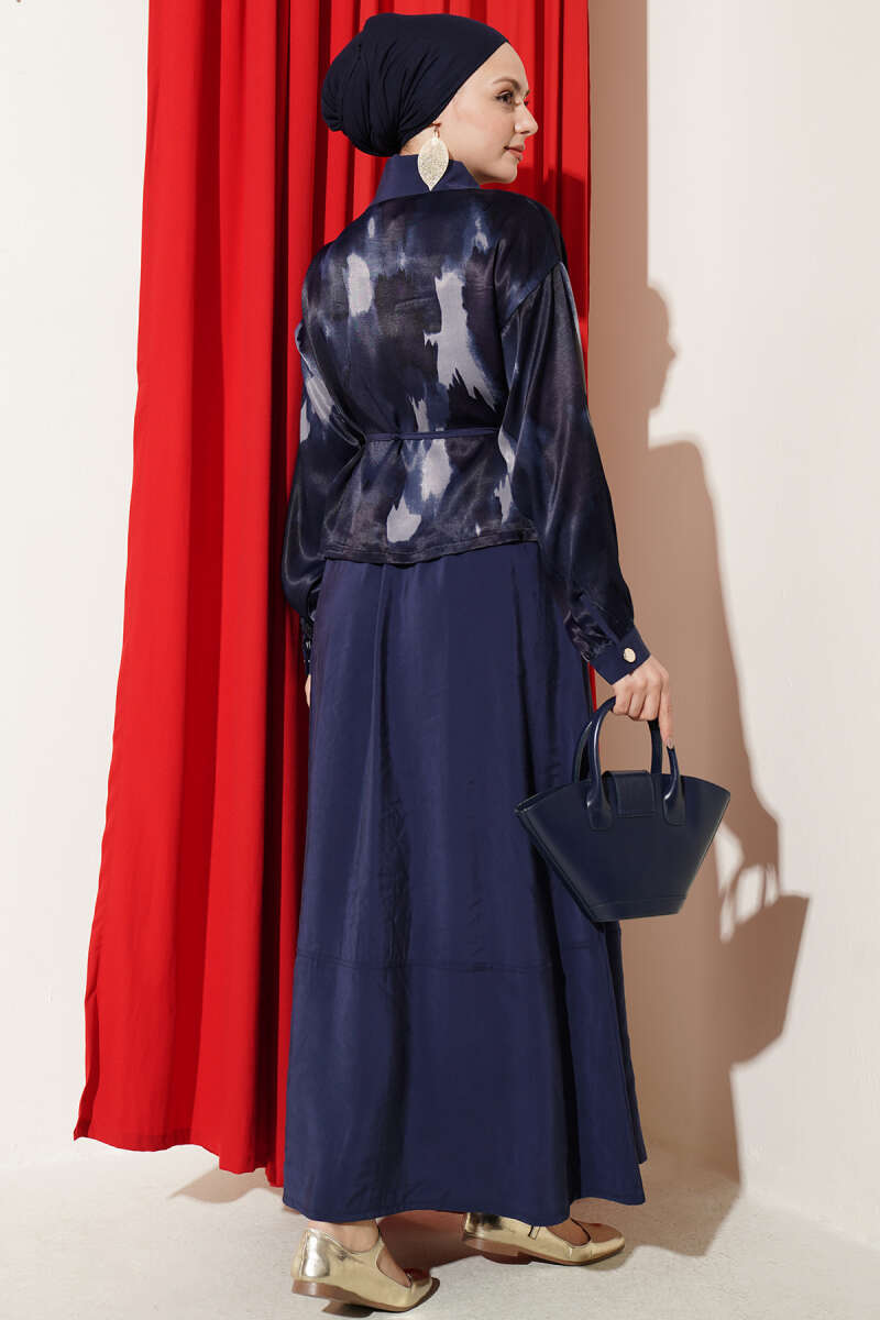 Satin Blouse and Skirt Set with Chest Pocket - Navy