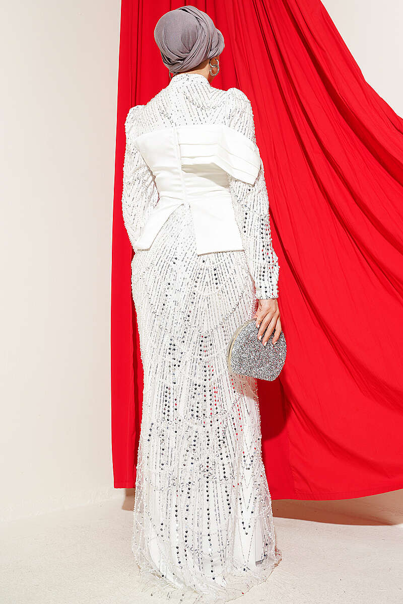 Sequin Evening Dress with Satin Corset Look - White
