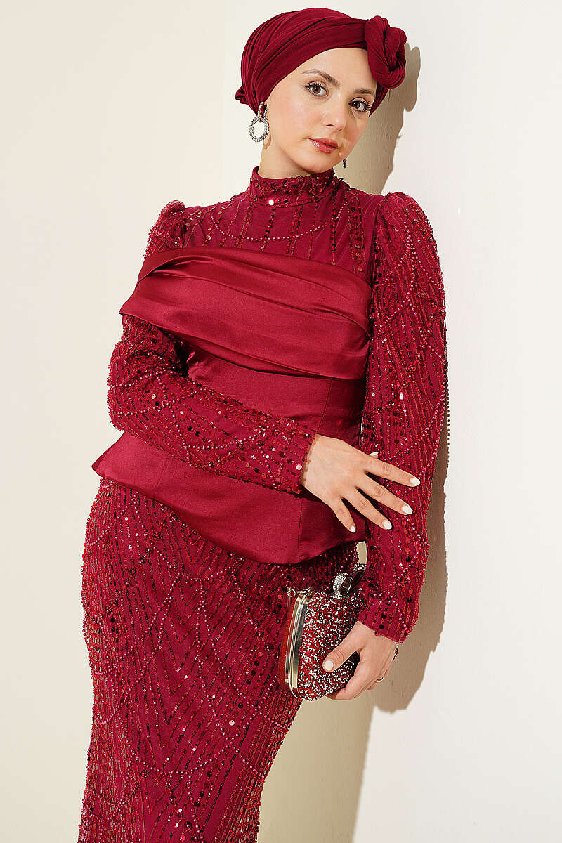 Sequin Evening Dress with Satin Corset Look - Burgundy