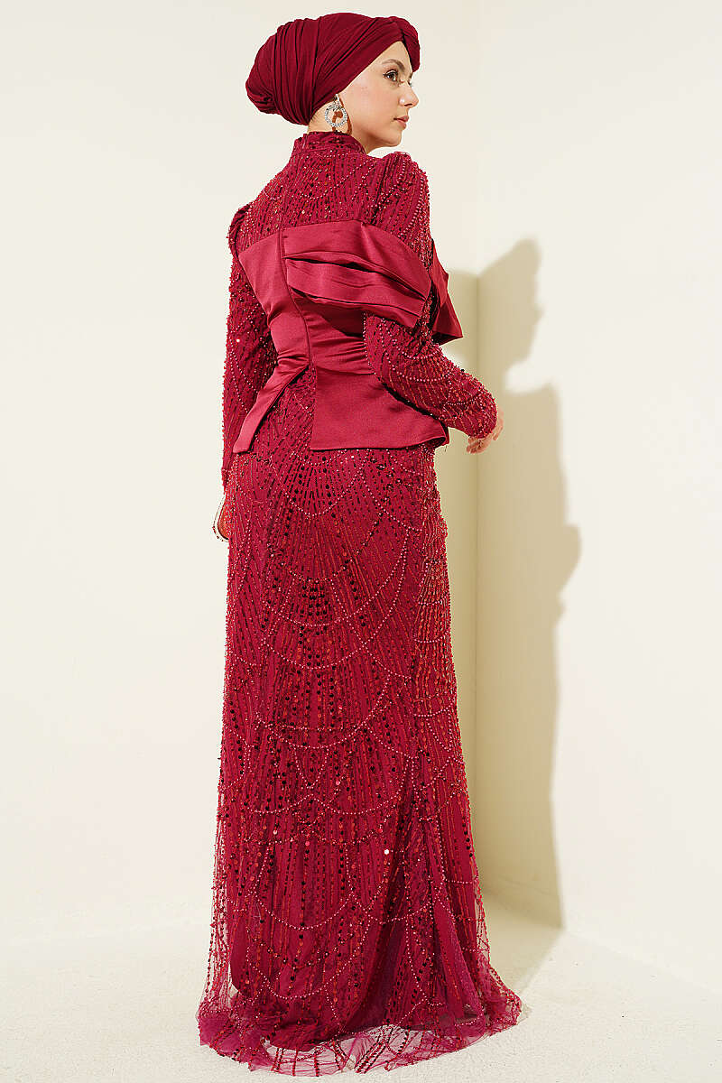 Sequin Evening Dress with Satin Corset Look - Burgundy