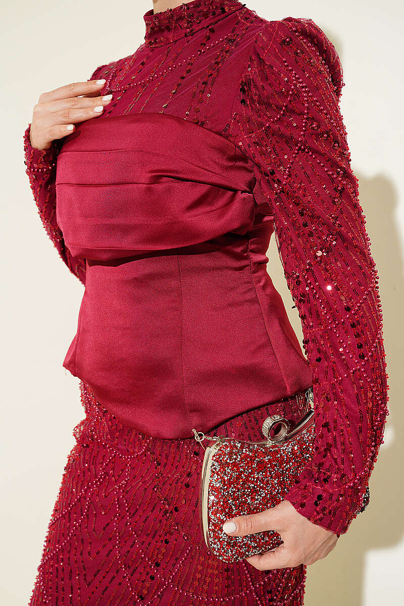 Sequin Evening Dress with Satin Corset Look - Burgundy