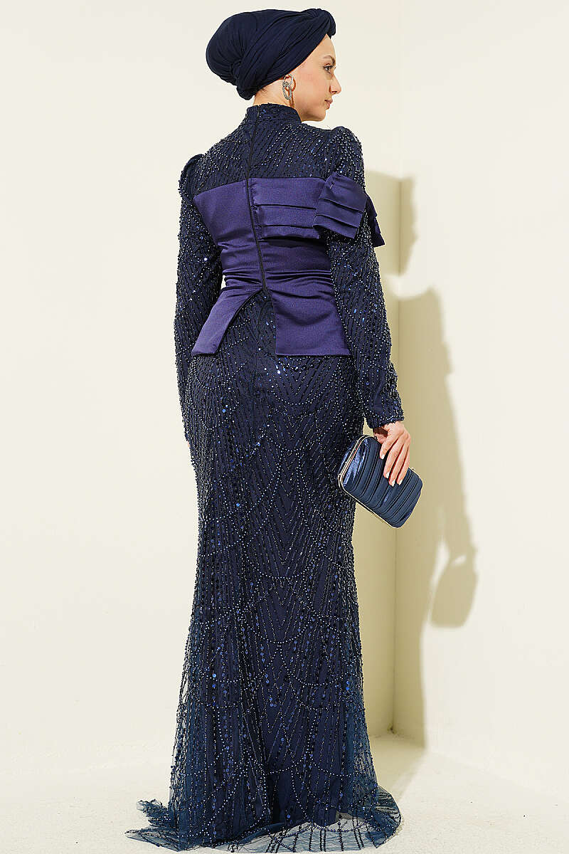 Sequin Evening Dress with Satin Corset Look - Navy