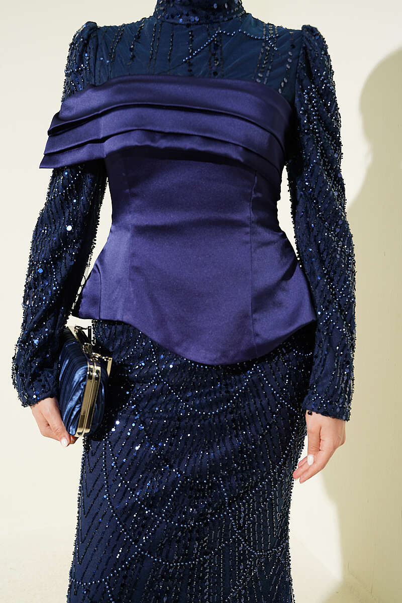 Sequin Evening Dress with Satin Corset Look - Navy