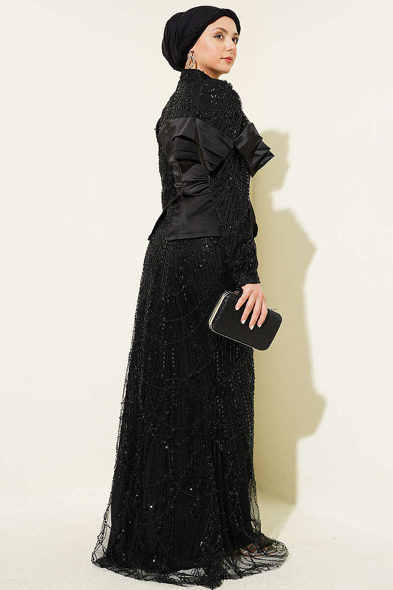 Sequin Evening Dress with Satin Corset Look - Black