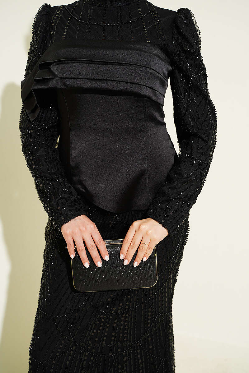 Sequin Evening Dress with Satin Corset Look - Black