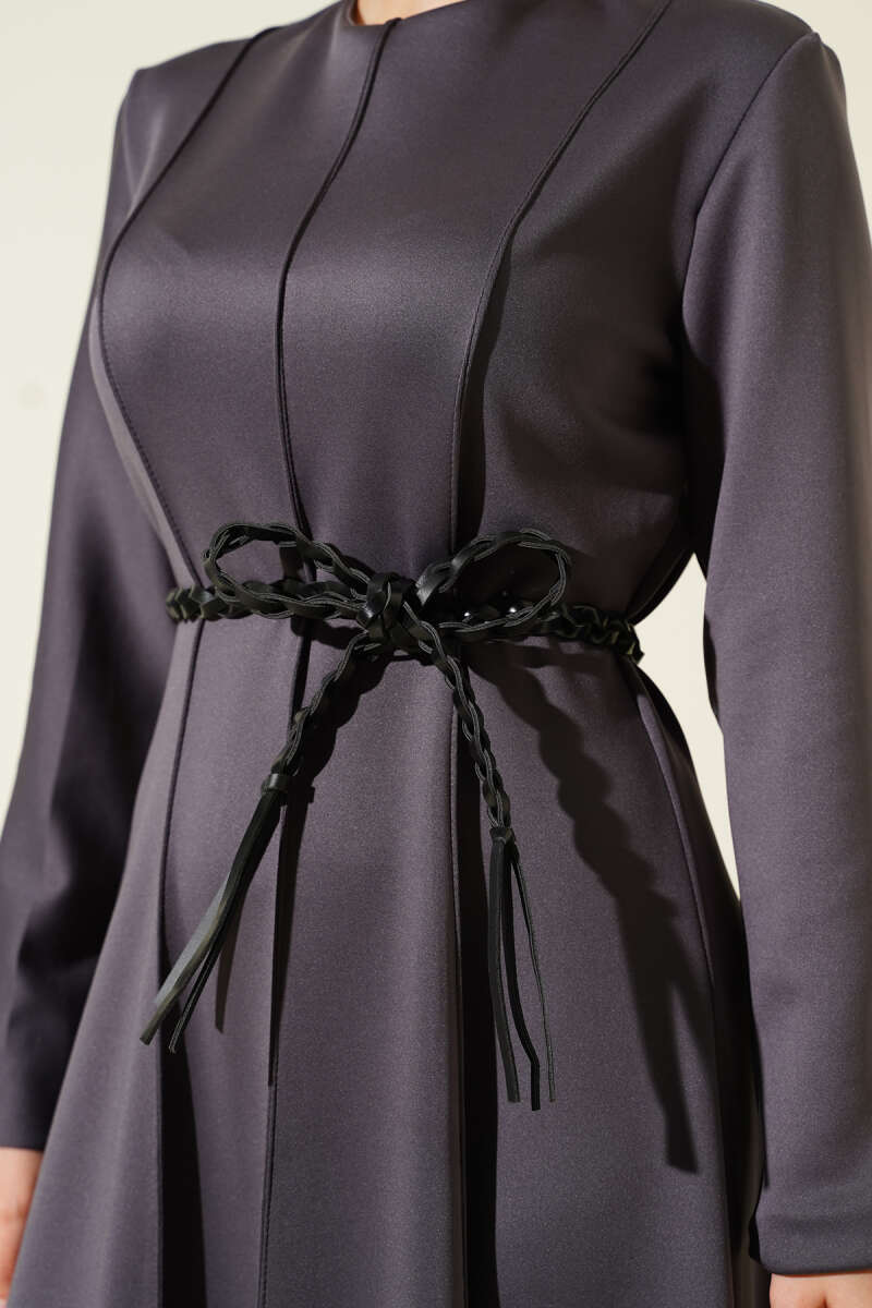 Scuba Dress with Faux Leather Belt - Smoke Grey
