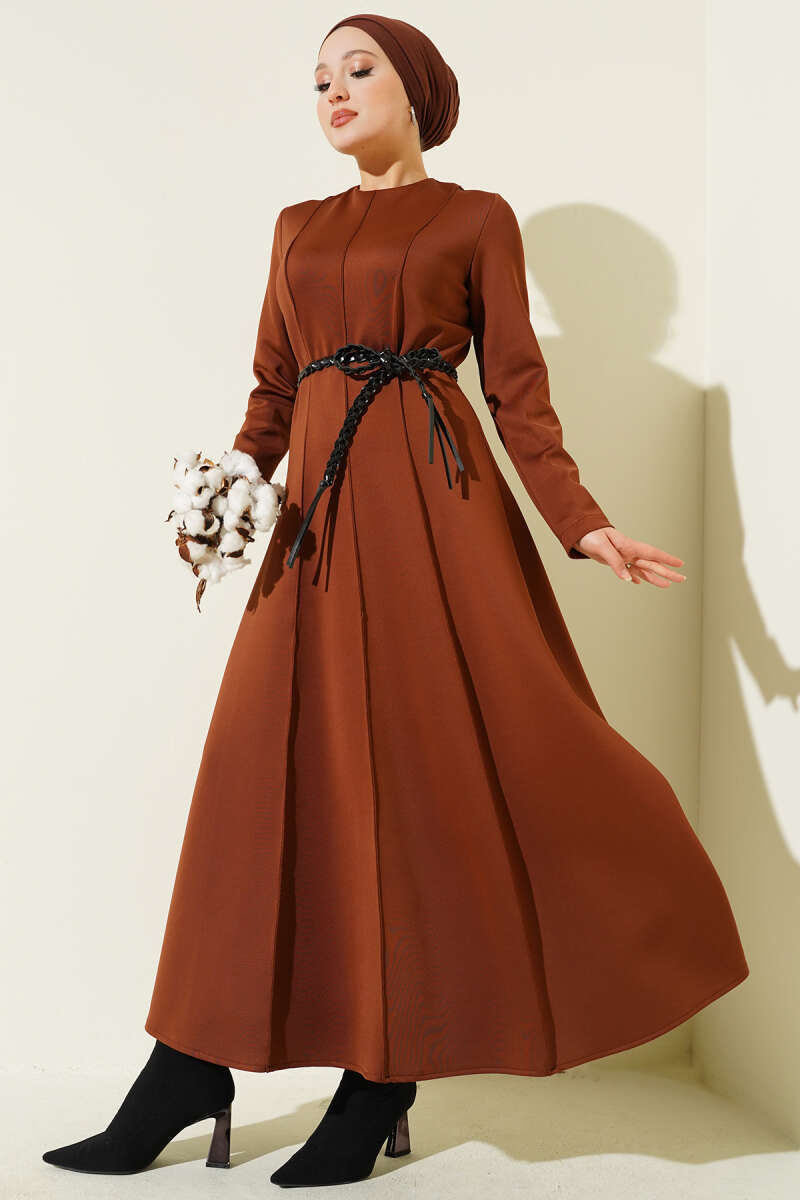 Scuba Dress with Faux Leather Belt - Brown