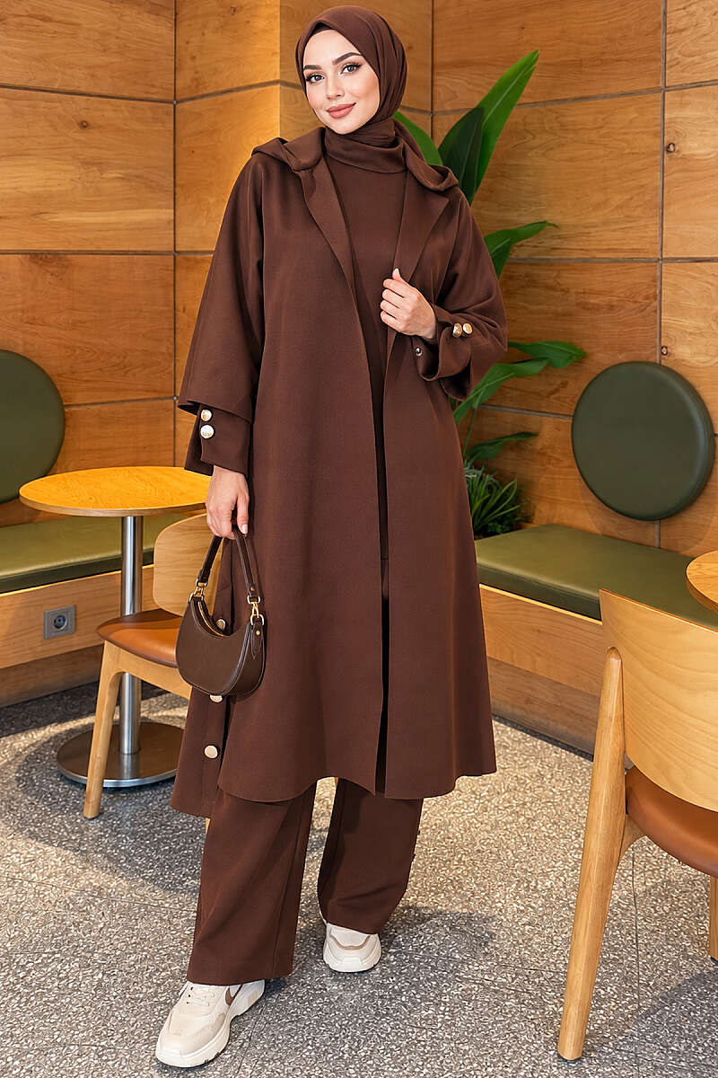 Scuba Three-Piece Set with Long Cardigan - Brown