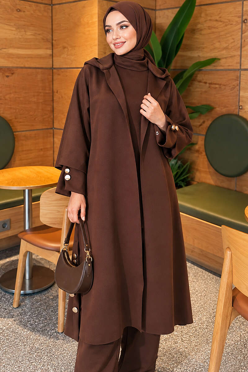 Scuba Three-Piece Set with Long Cardigan - Brown