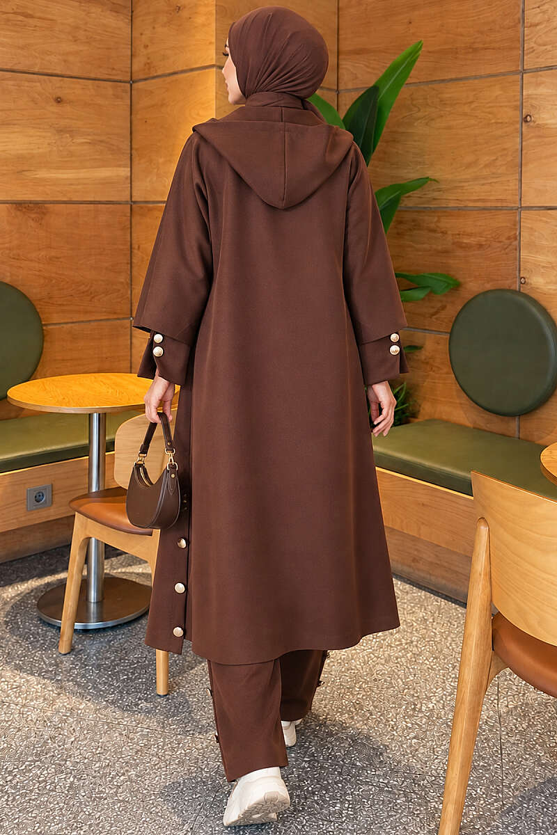 Scuba Three-Piece Set with Long Cardigan - Brown