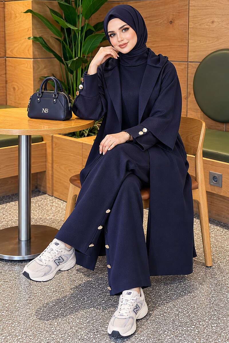 Scuba Three-Piece Set with Long Cardigan - Navy