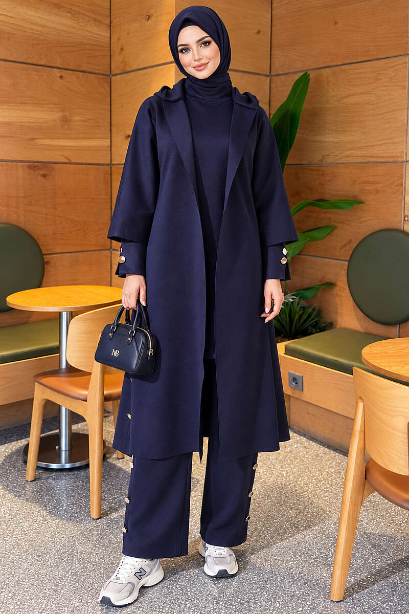 Scuba Three-Piece Set with Long Cardigan - Navy