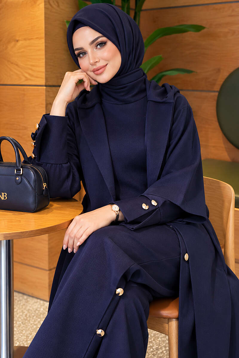 Scuba Three-Piece Set with Long Cardigan - Navy