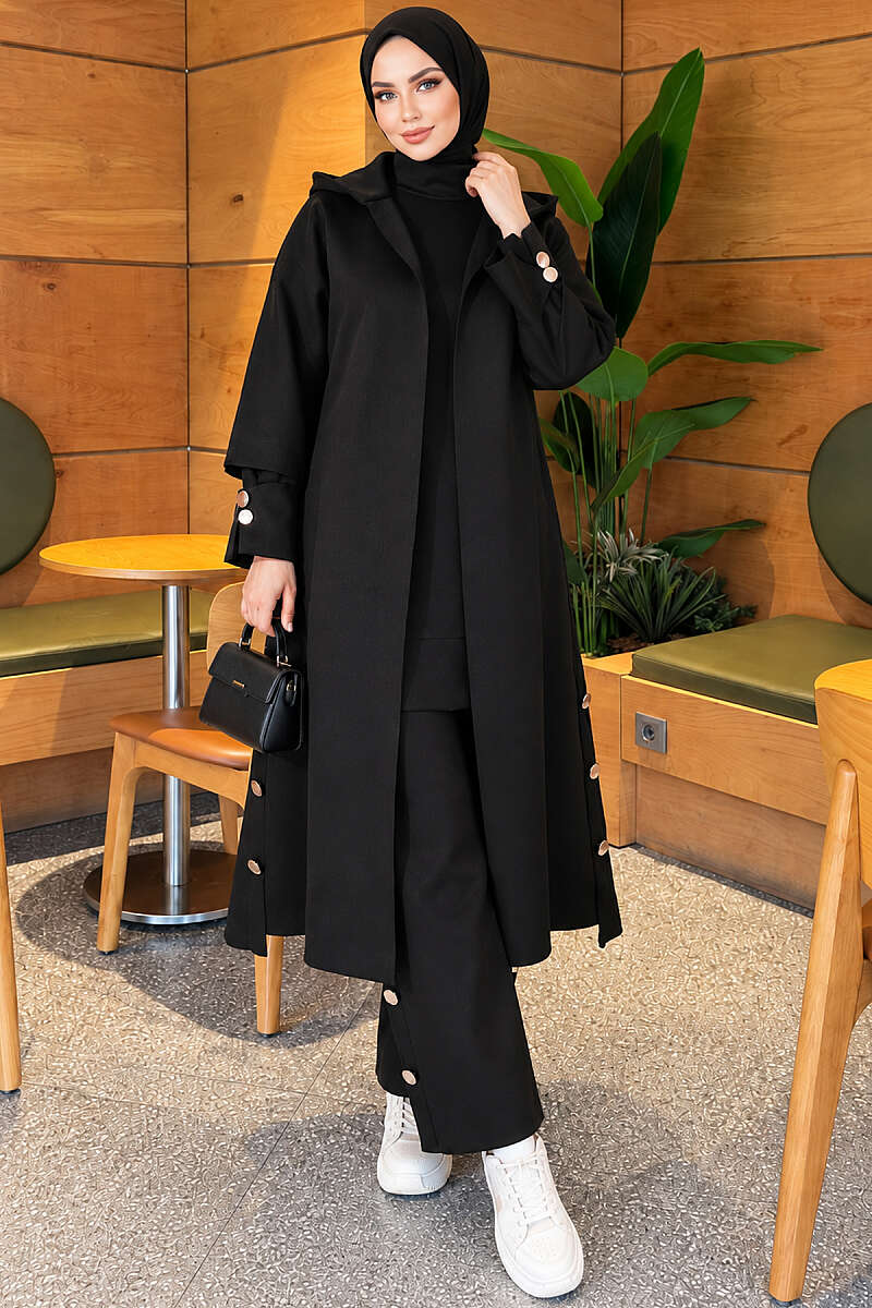 Scuba Three-Piece Set with Long Cardigan - Black