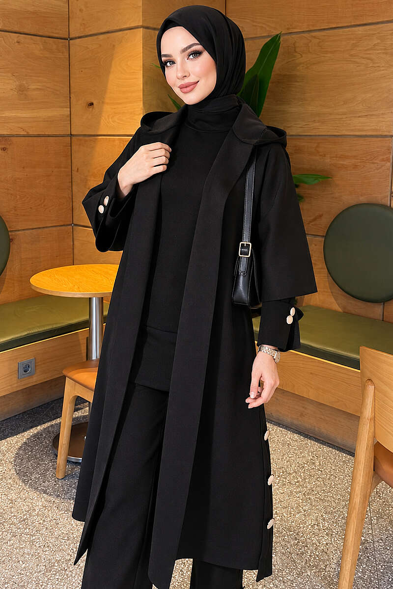 Scuba Three-Piece Set with Long Cardigan - Black
