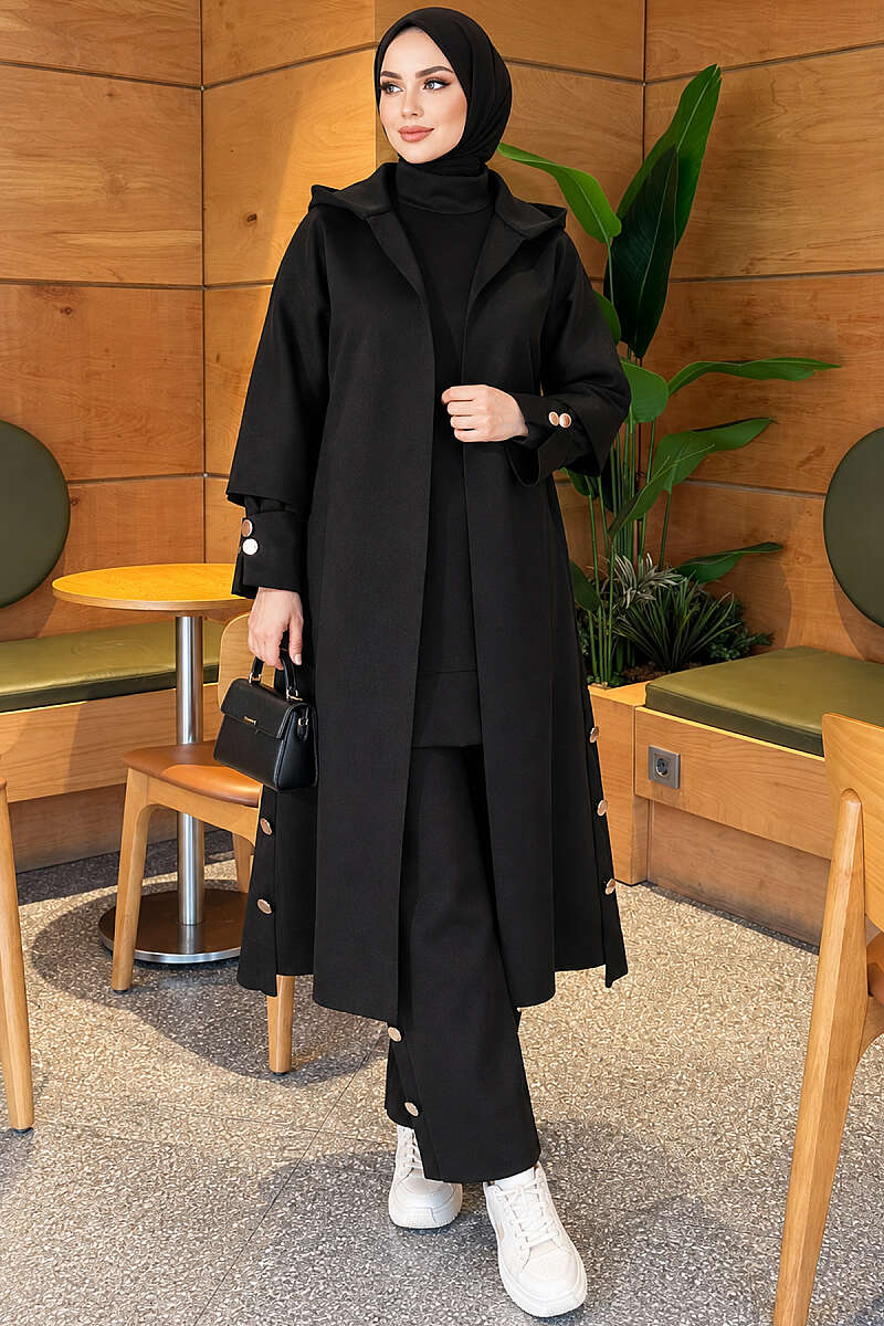 Scuba Three-Piece Set with Long Cardigan - Black