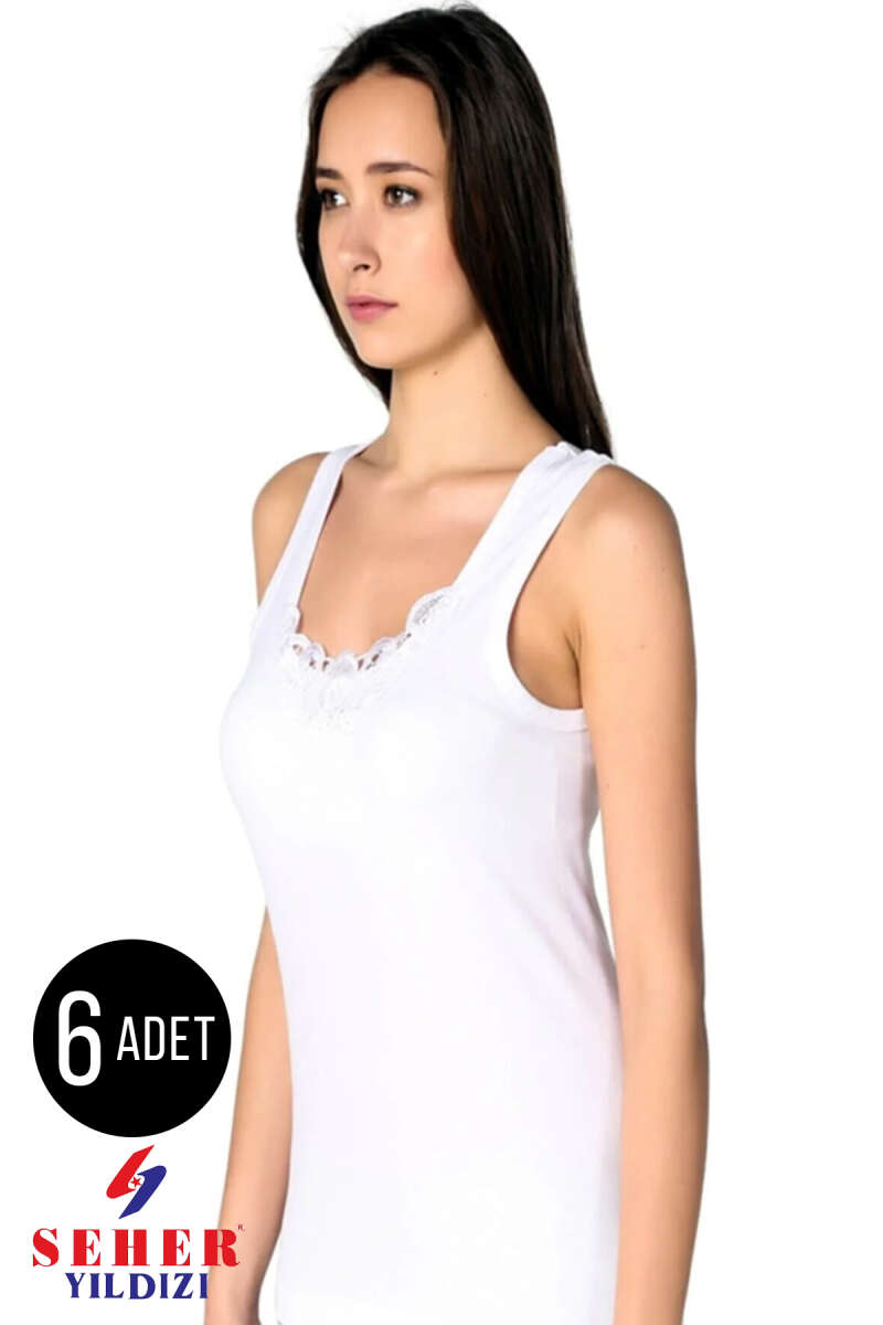 Seher Yıldızı 6-Pack Wide-Strap Guipure Vests - White