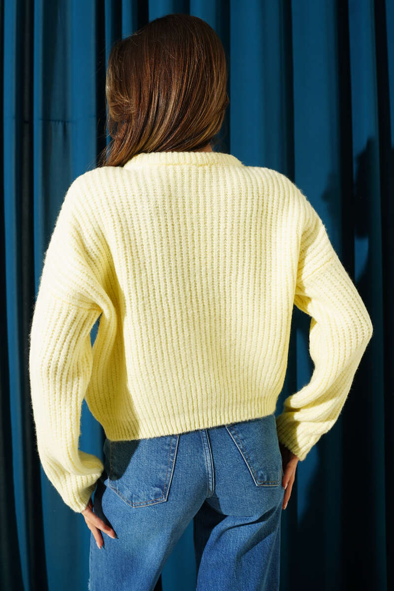 Short Soft Knit Sweater in Salonica Stitch - Yellow