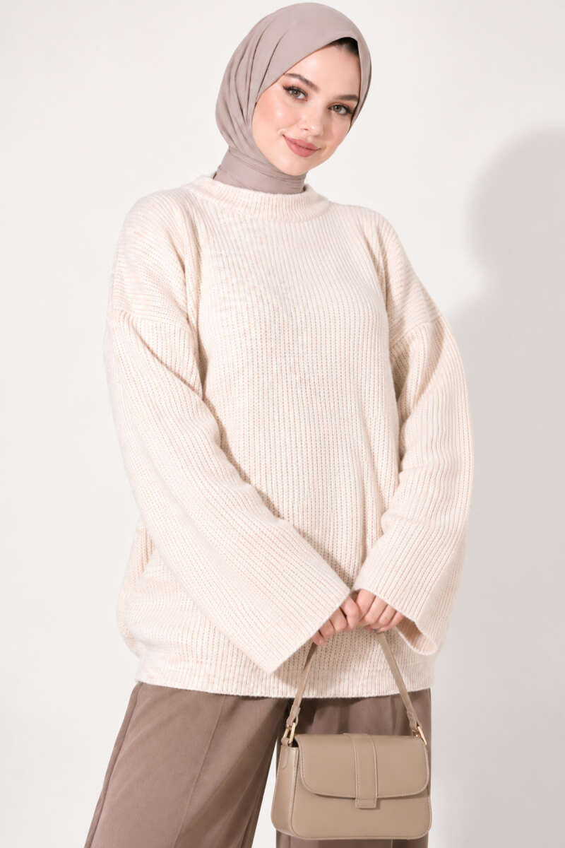 Oversized Textured Knit Tunic - Beige