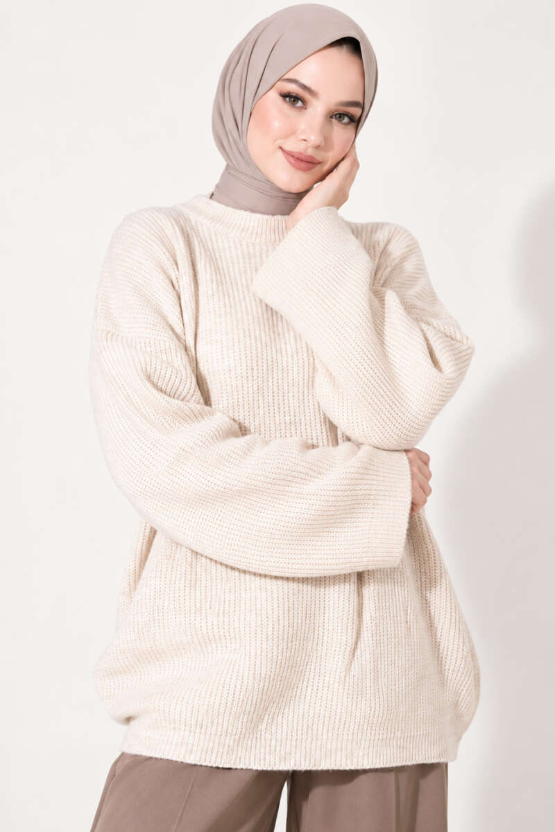 Oversized Textured Knit Tunic - Beige