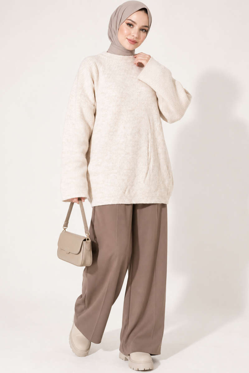 Oversized Textured Knit Tunic - Beige