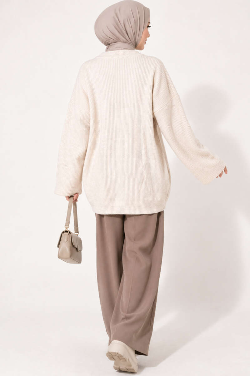 Oversized Textured Knit Tunic - Beige
