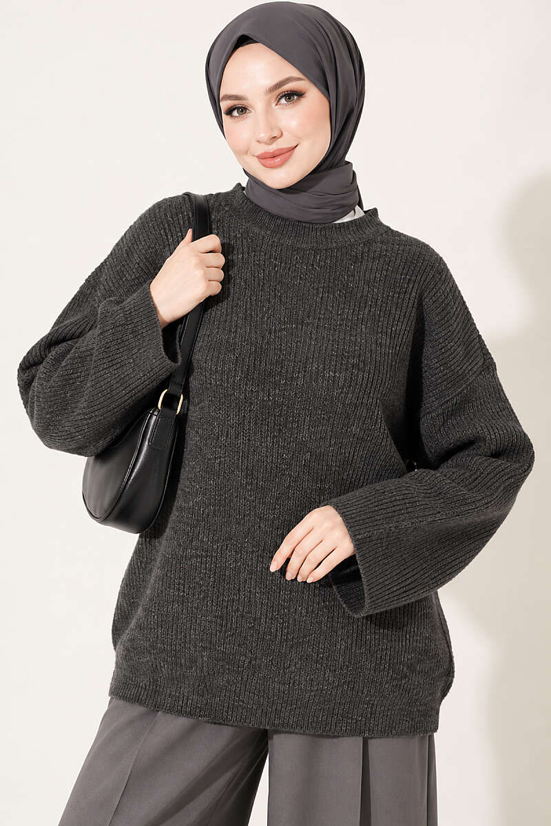 Oversized Textured Knit Tunic - Smoke Grey
