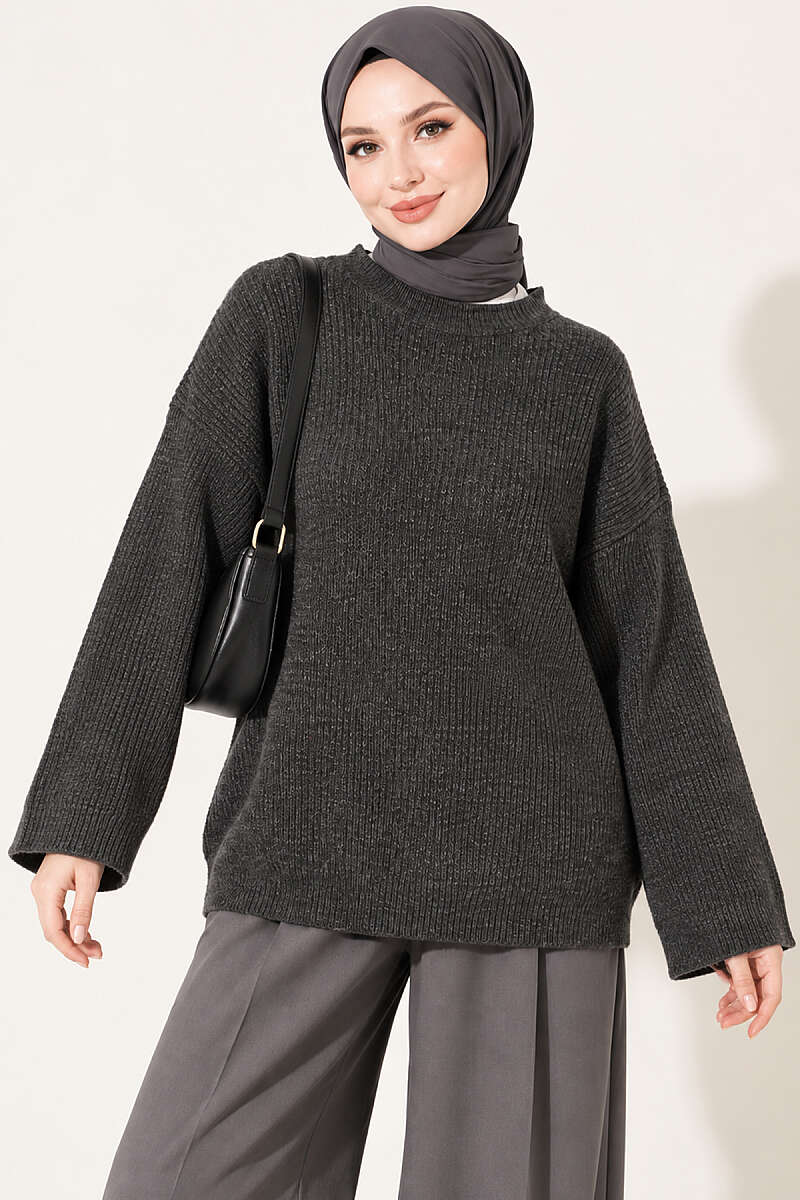 Oversized Textured Knit Tunic - Smoke Grey