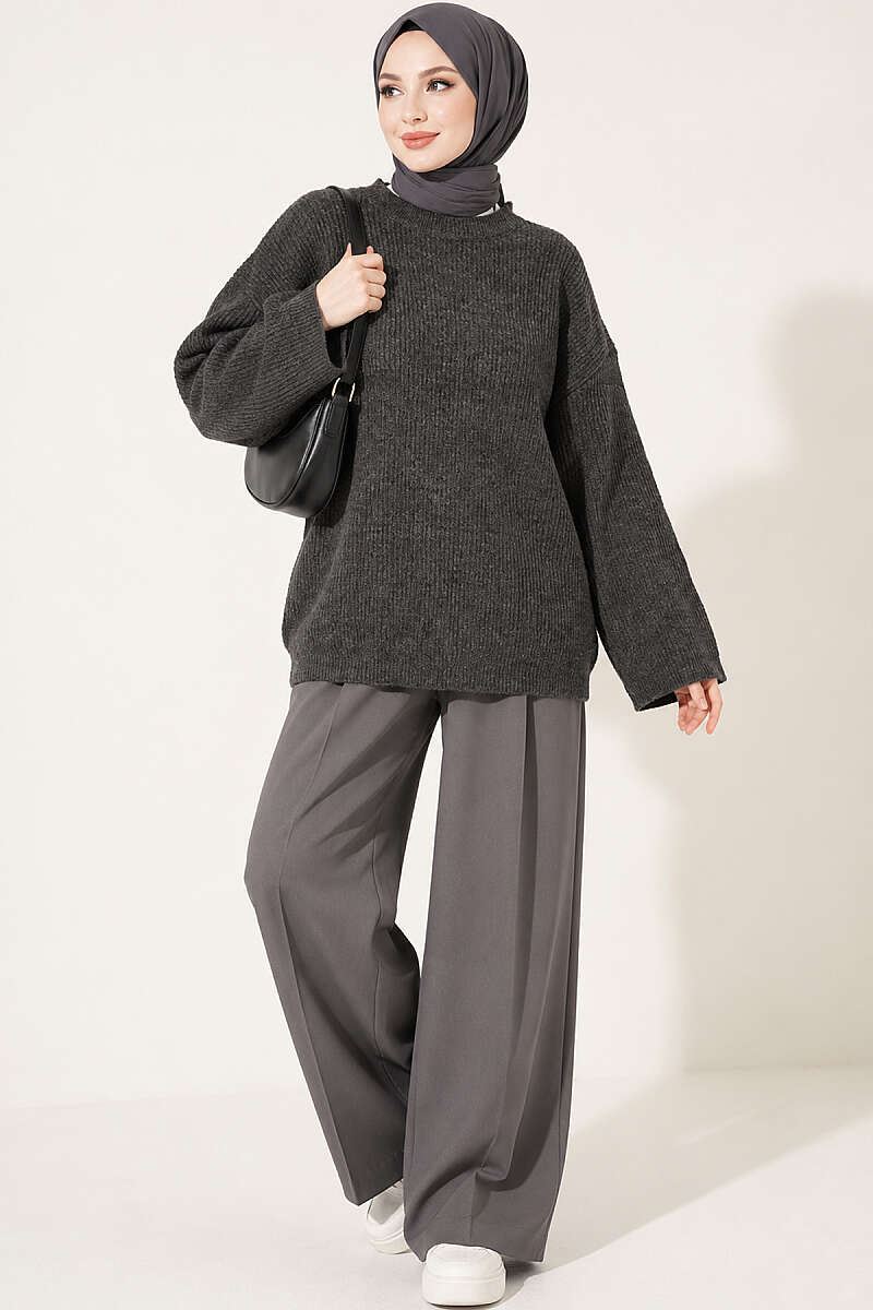 Oversized Textured Knit Tunic - Smoke Grey