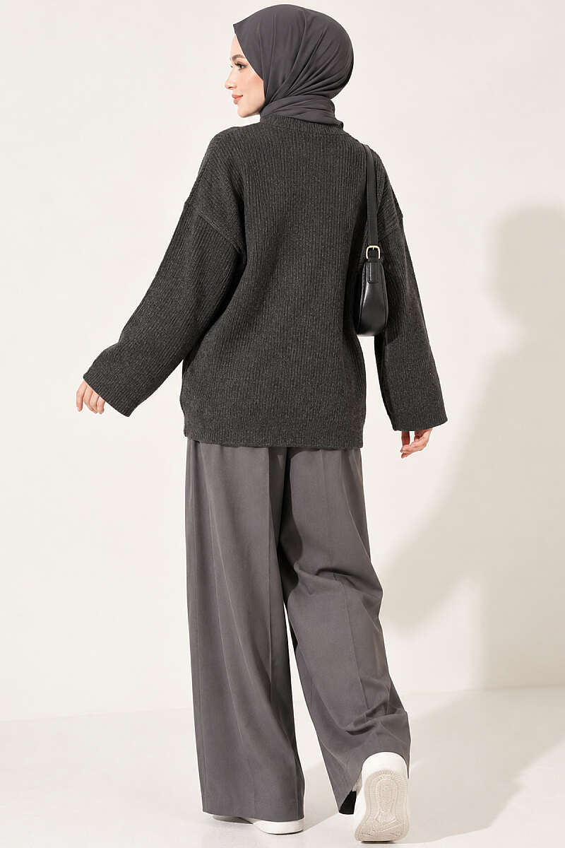 Oversized Textured Knit Tunic - Smoke Grey