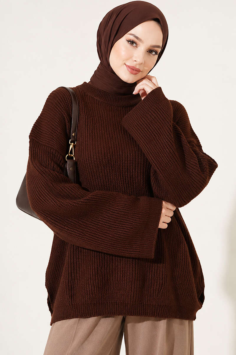 Oversized Textured Knit Tunic - Brown
