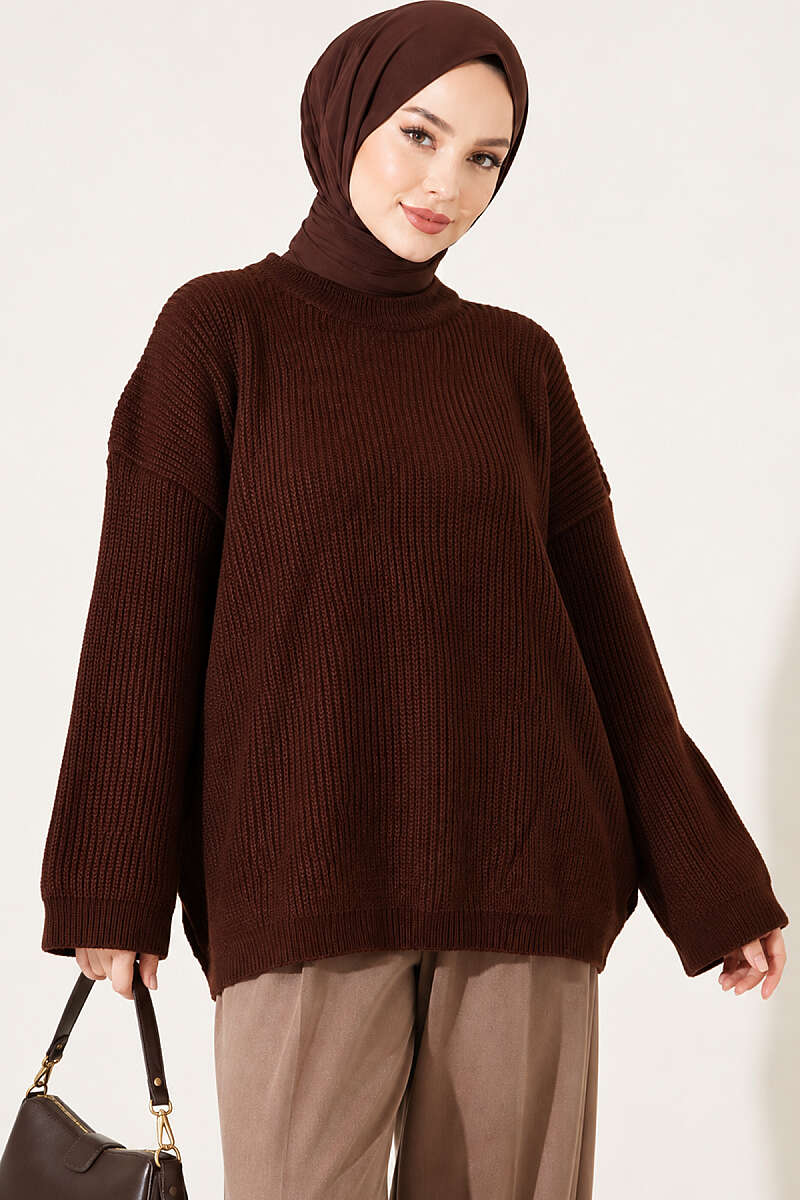 Oversized Textured Knit Tunic - Brown