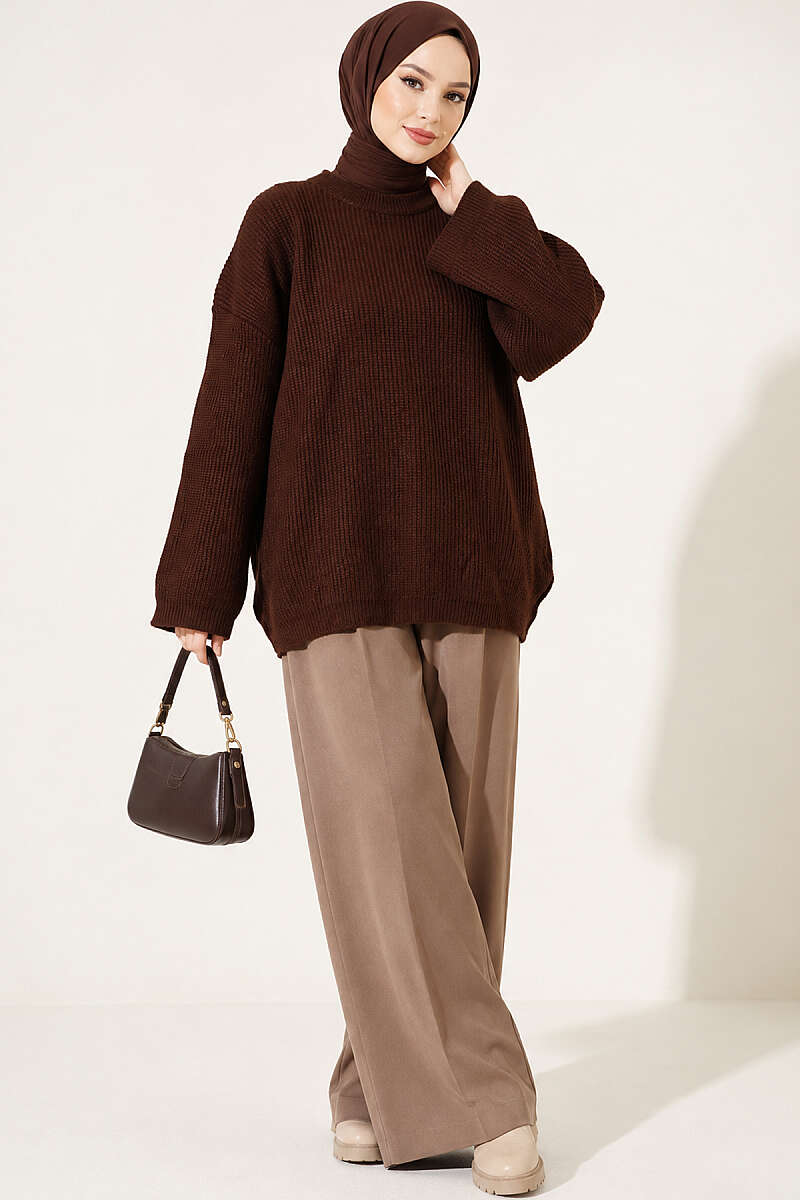 Oversized Textured Knit Tunic - Brown