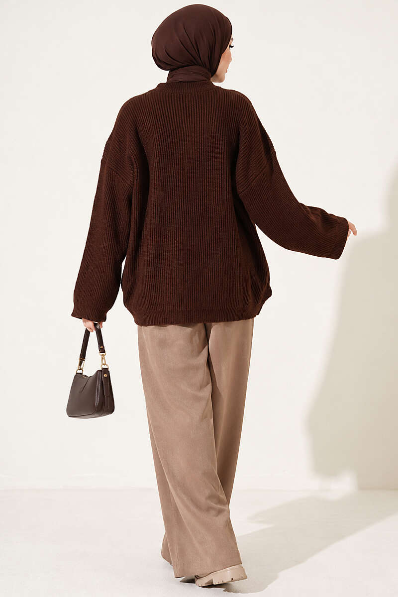 Oversized Textured Knit Tunic - Brown