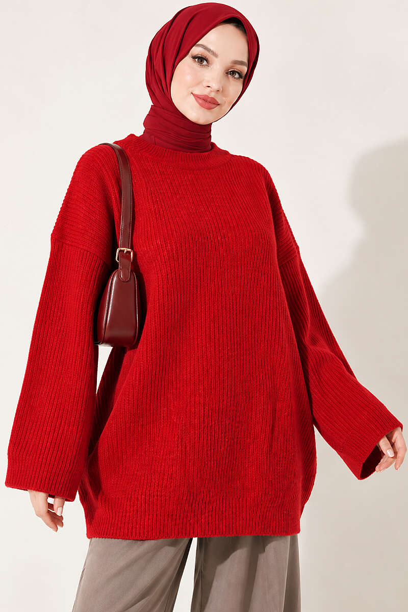 Oversized Textured Knit Tunic - Red