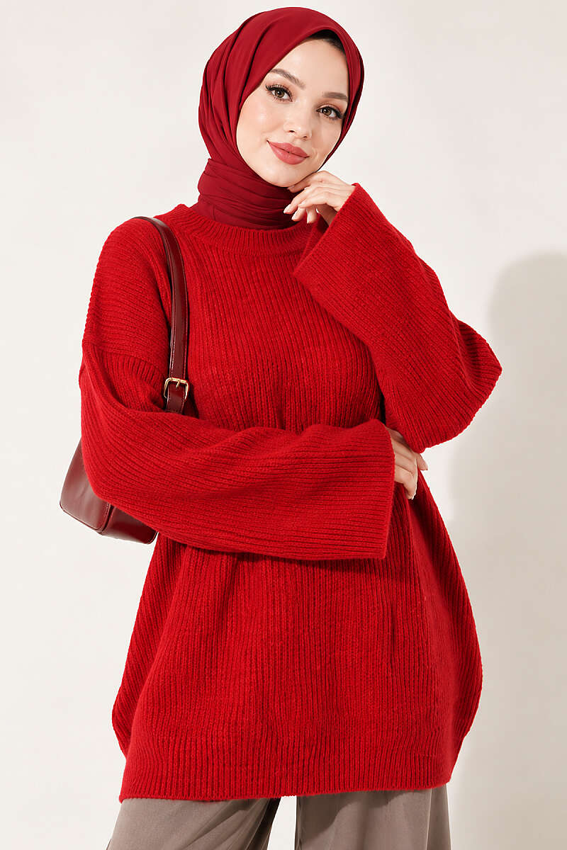 Oversized Textured Knit Tunic - Red