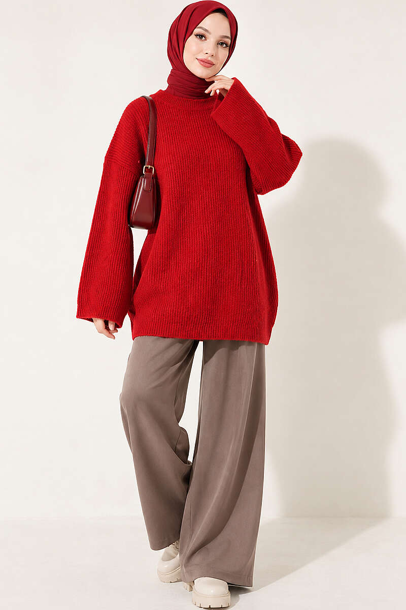 Oversized Textured Knit Tunic - Red