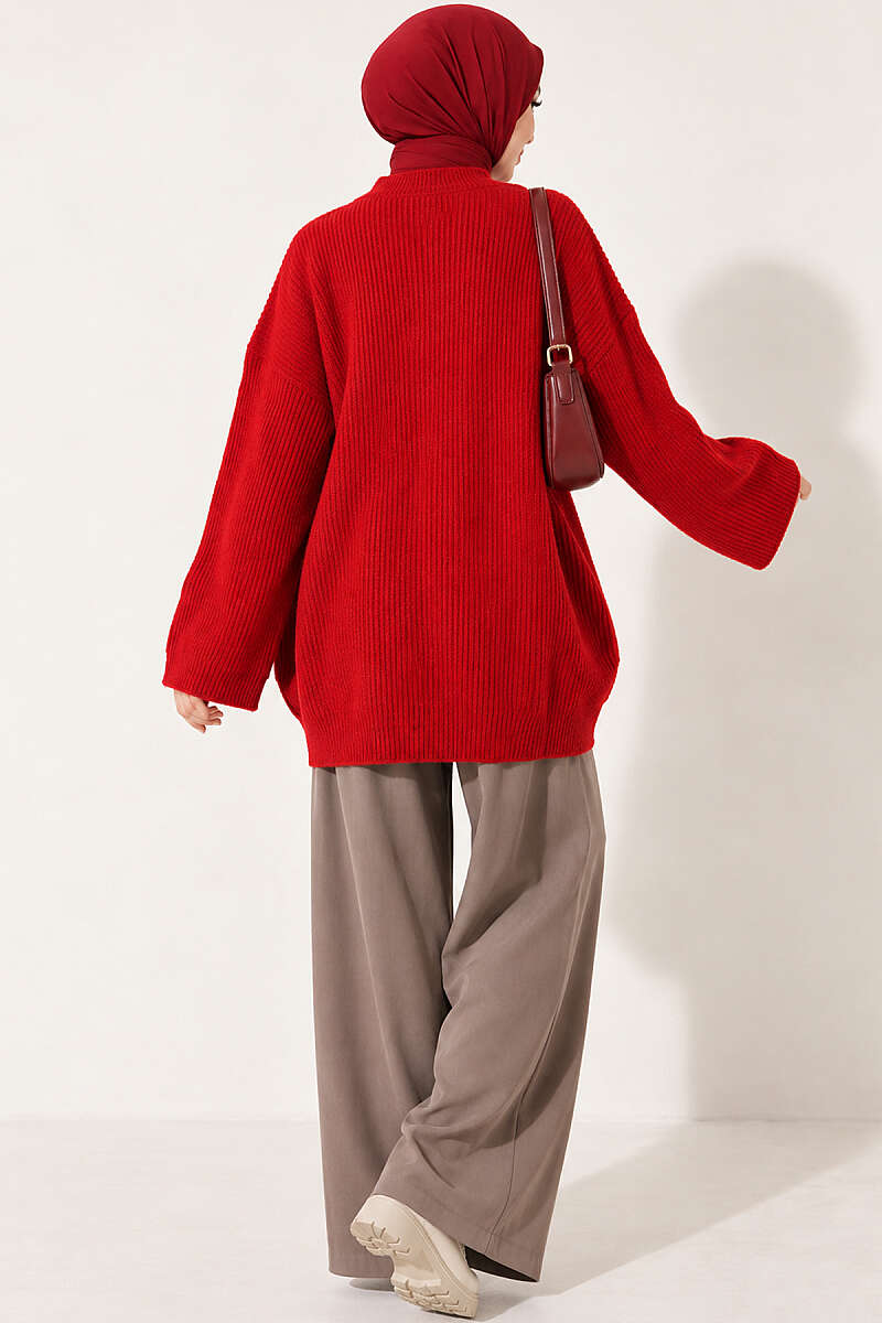Oversized Textured Knit Tunic - Red