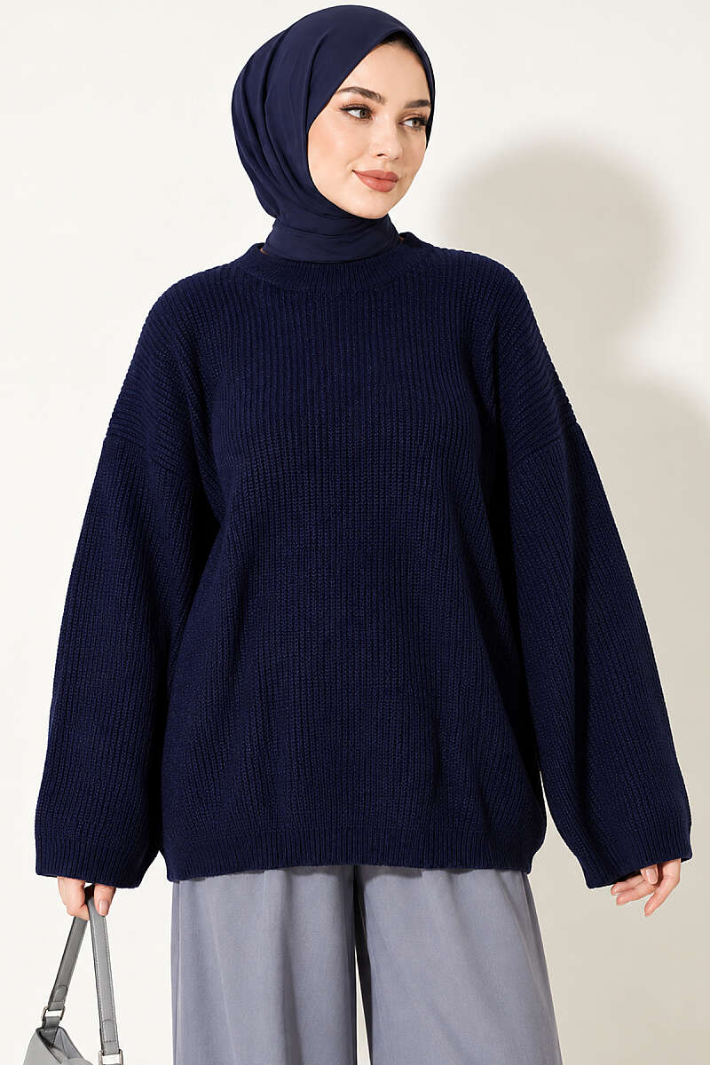 Oversized Textured Knit Tunic - Navy