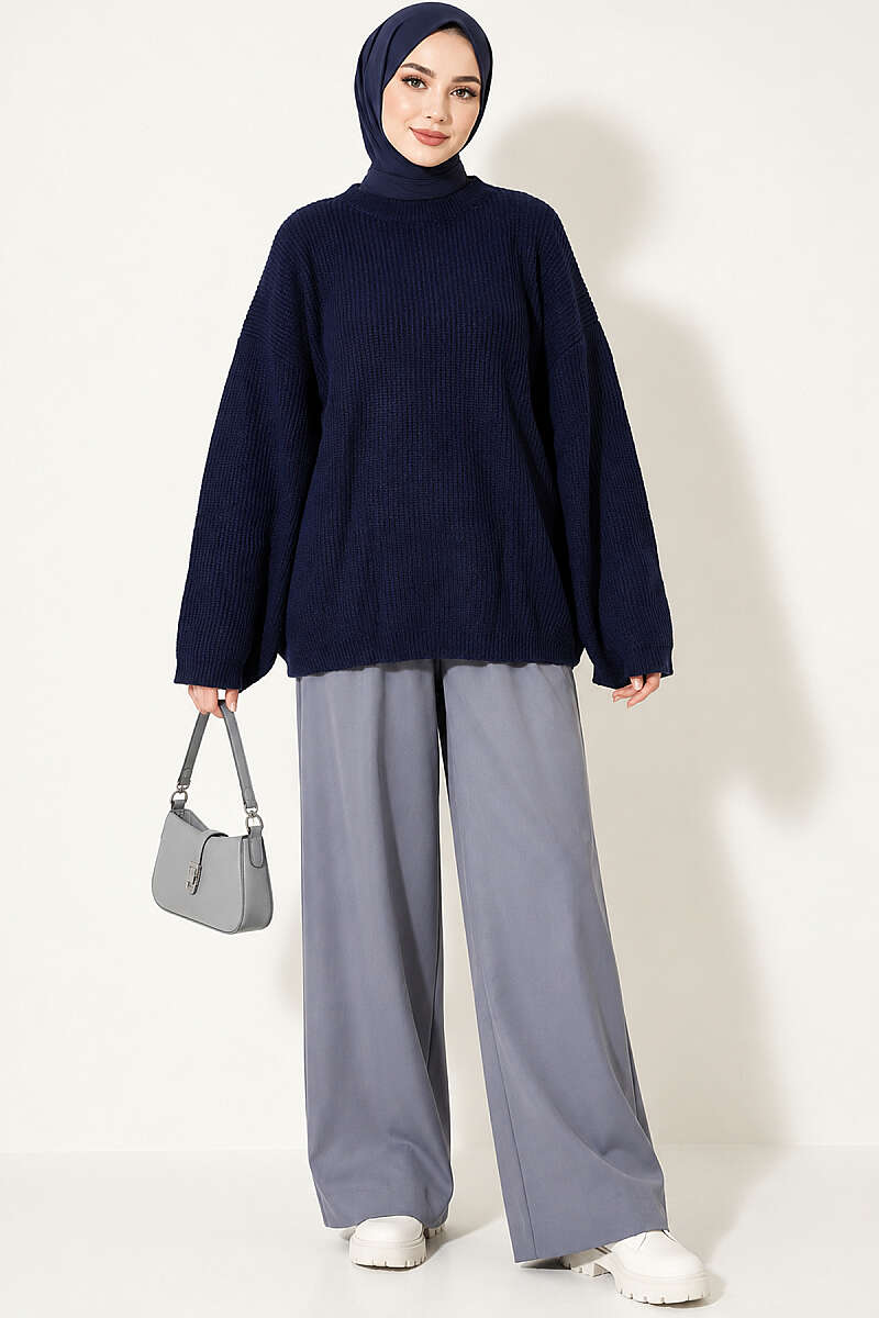 Oversized Textured Knit Tunic - Navy