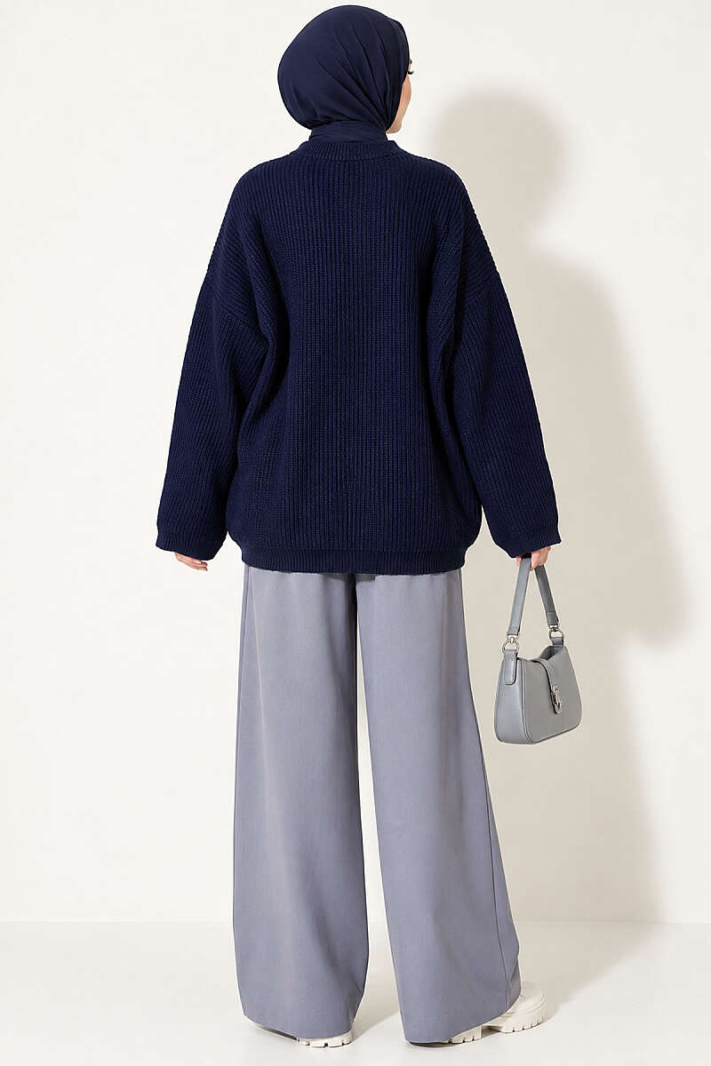 Oversized Textured Knit Tunic - Navy