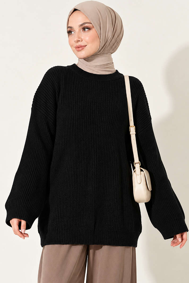 Oversized Textured Knit Tunic - Black