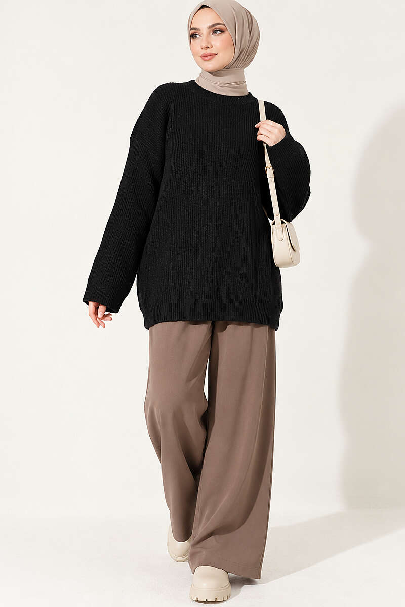 Oversized Textured Knit Tunic - Black