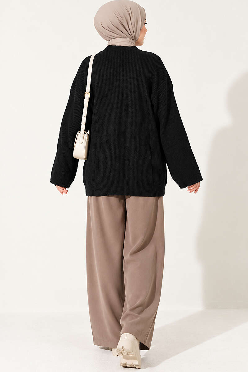 Oversized Textured Knit Tunic - Black